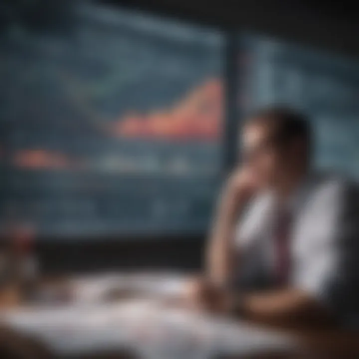 A conceptual image of a person contemplating decisions with financial graphs and charts in the background.