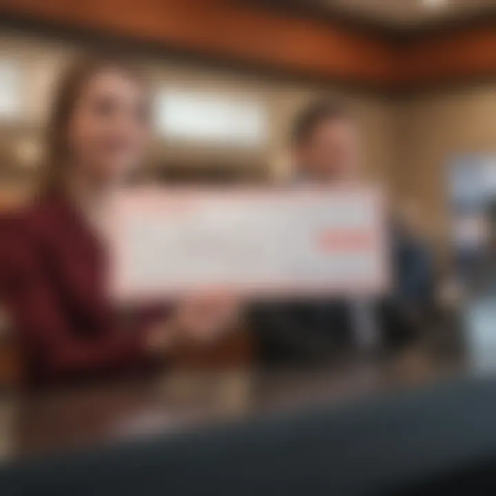 Customer presenting a check at a bank counter