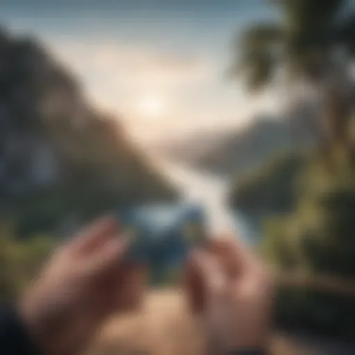 A traveler enjoying a scenic view with a credit card