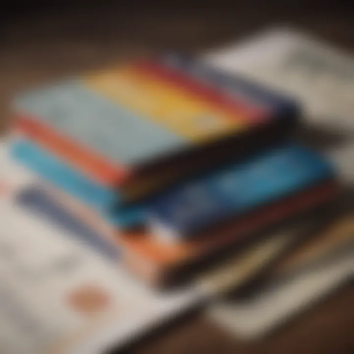 Close-up of credit cards stacked with financial documents