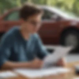 Illustration of a teenager studying car insurance documents