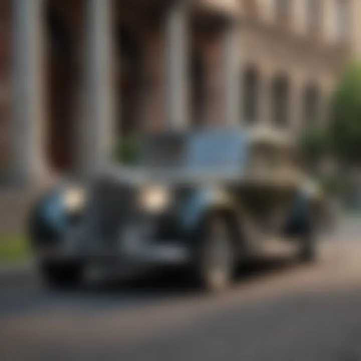 A classic vintage car parked in front of an elegant building