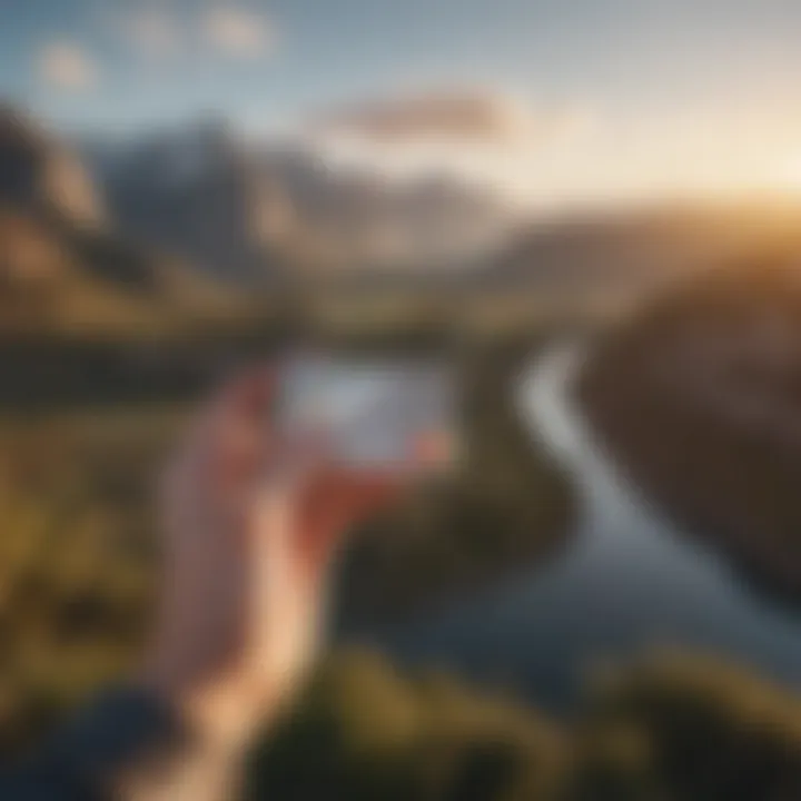 A traveler holding a rewards card while overlooking a scenic landscape